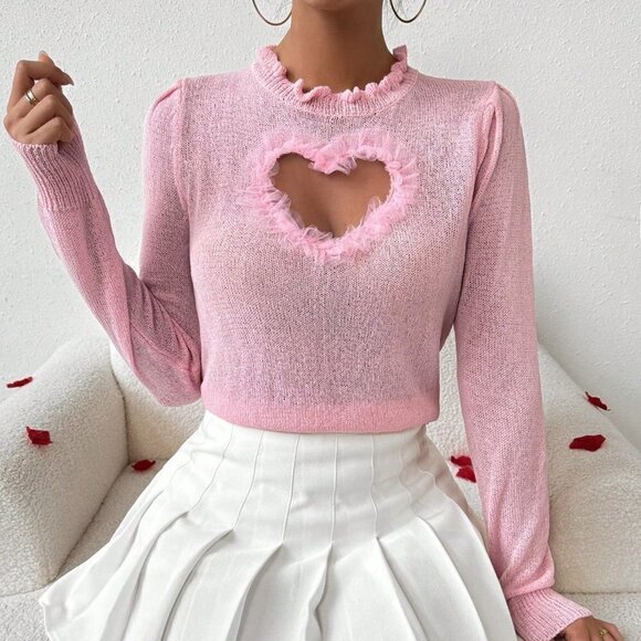 Pink Casual Women's Long Sleeve Sweater With Flounce Trim And Decorative Edges - Picture 5 of 5